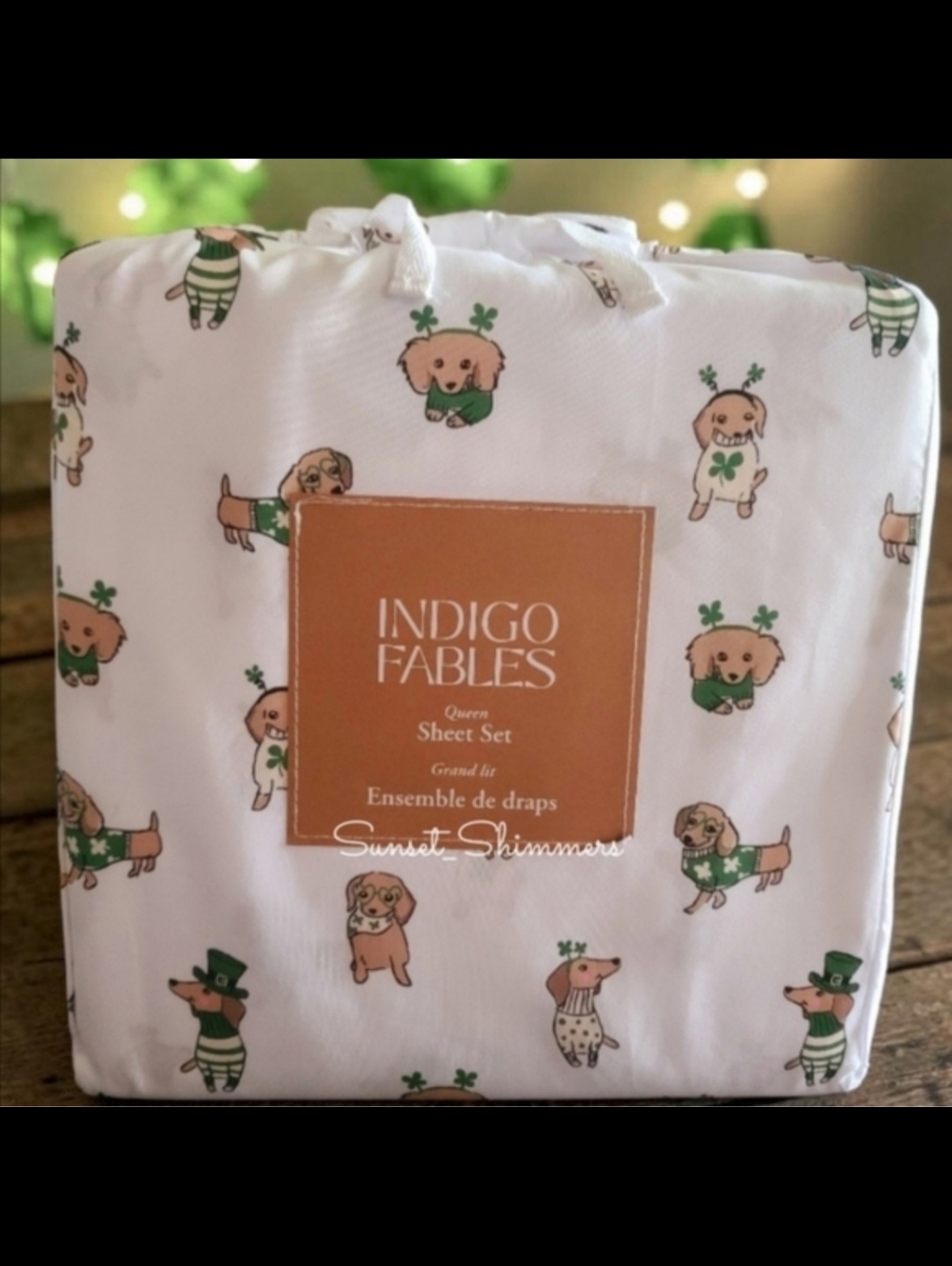 St Patricks Day Dachshund DOG Weiner Doxie Lucky Clover Queen Bed Sheet Set New